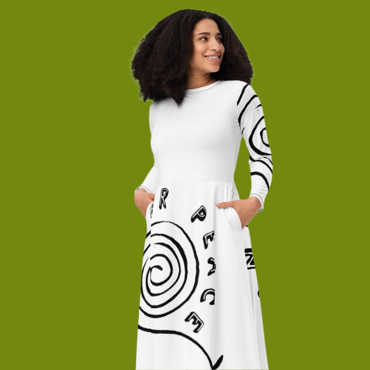 All-over print long sleeve midi dress