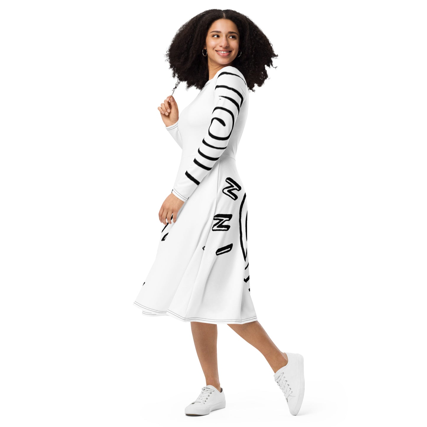 All-over print long sleeve midi dress